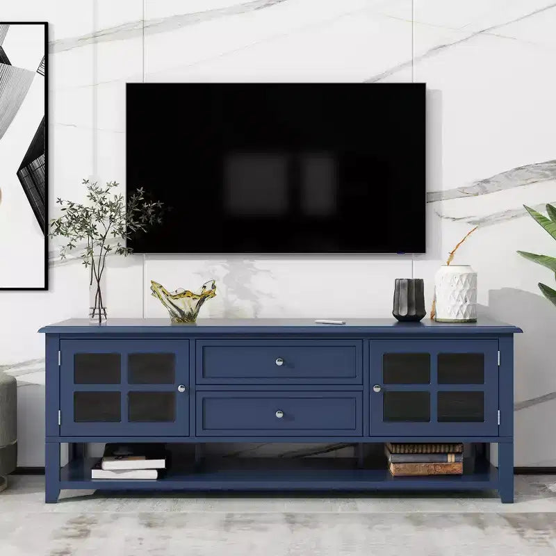 JVNOXK Mid-Century TV Stand with 2 Glass Doors & 2Drawers, Minimalist Entertainment Center for TVsUp to 60', Sturdy Console for Living Room &Bedroom