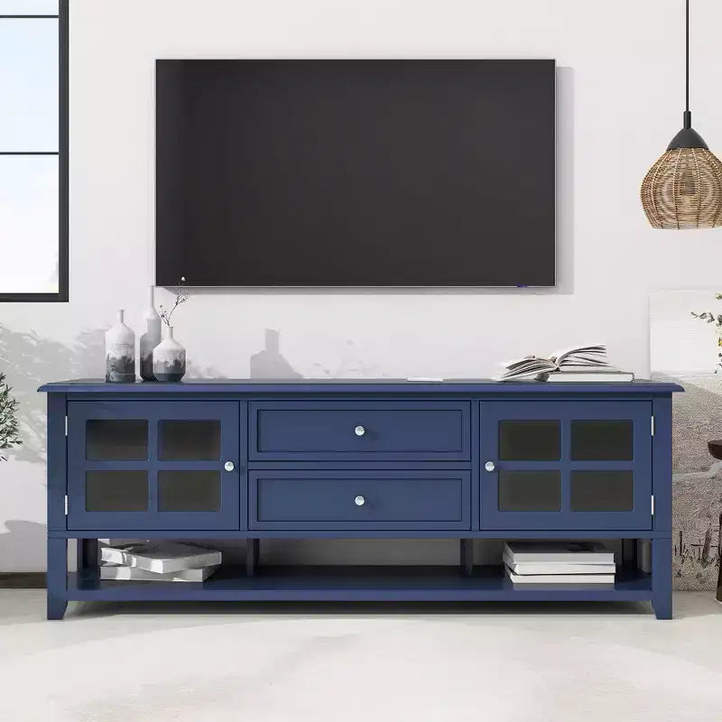 Mobile TV Mid-Century con 2 ante in vetro e 2 cassetti, Centro Intrattenimento Minimalista per TV fino a 60", Consolle Robusta per Soggiorno e Camera da Letto
