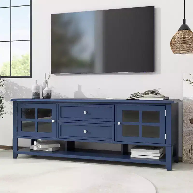 Mobile TV Mid-Century con 2 ante in vetro e 2 cassetti, Centro Intrattenimento Minimalista per TV fino a 60", Consolle Robusta per Soggiorno e Camera da Letto