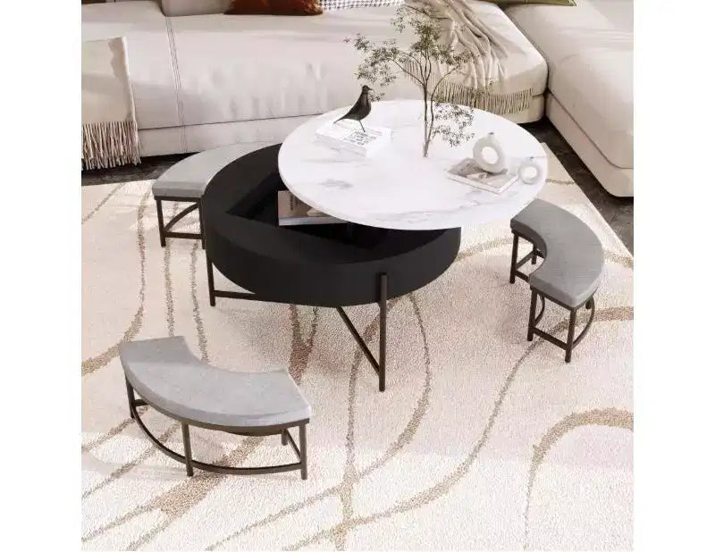 Modern White + Black Round Coffee Table with Lift-Top, Storage, and 3 Ottomans