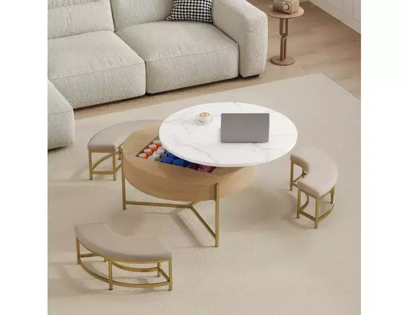 Tavolino Moderno Rotondo Bianco + Nero con Piano Sollevabile, Contenitore e 3 Pouf
