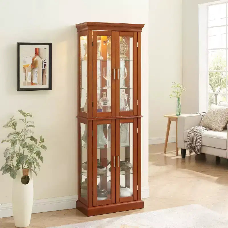 Lighted 70 Corner Display Cabinet, 6 Adjustable Glass Shelves, Engineered Wood Storage Showcase for Living Room, Tall Display Cabinet