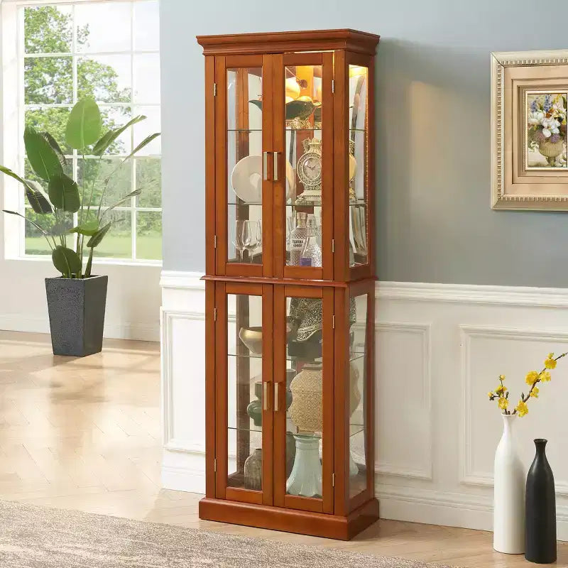 Vetrina angolare da 178 cm, 6 ripiani in vetro regolabili, espositore in legno composito per soggiorno