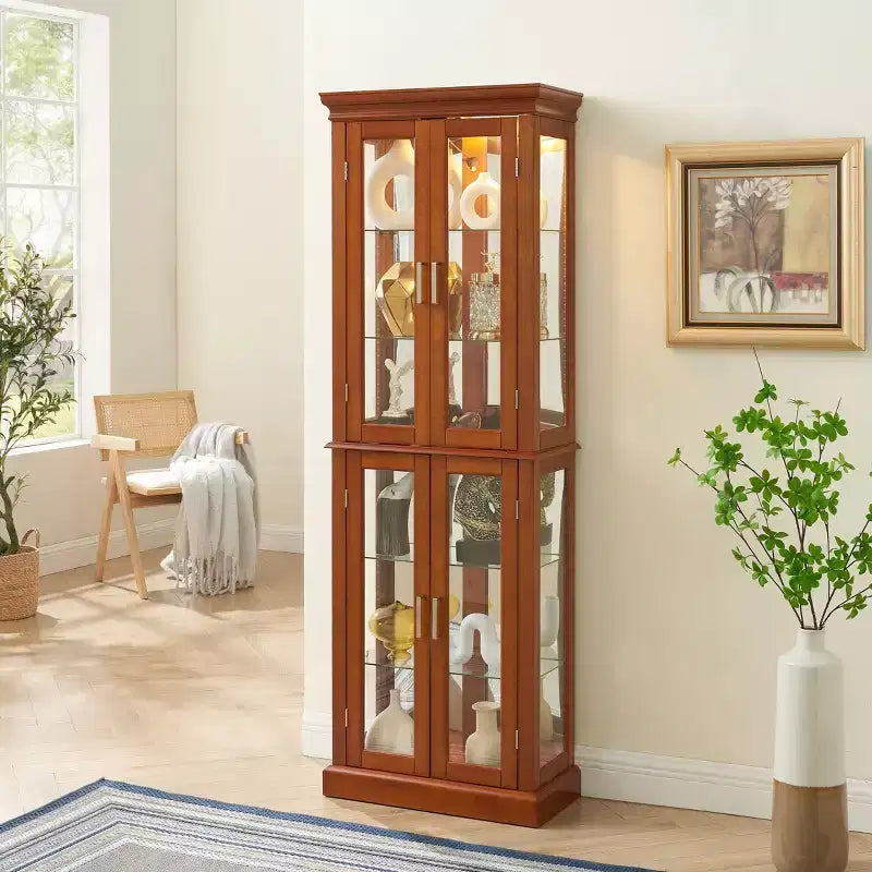 Vetrina angolare da 178 cm, 6 ripiani in vetro regolabili, espositore in legno composito per soggiorno