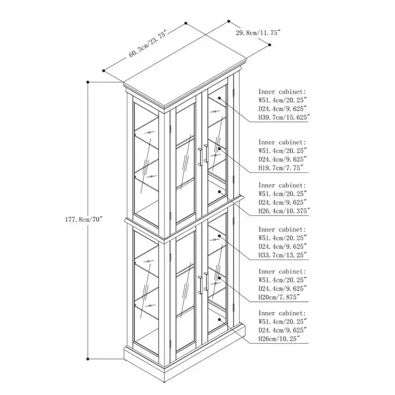 Vetrina angolare da 178 cm, 6 ripiani in vetro regolabili, espositore in legno composito per soggiorno