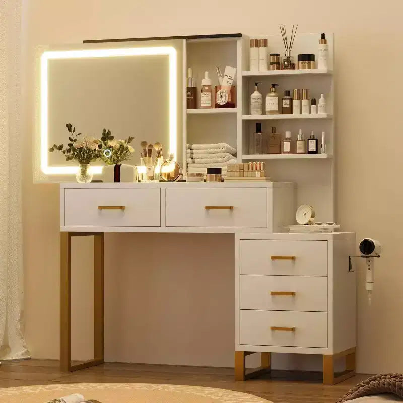 Toeletta per Trucco con Specchio Scorrevole e Luci, Grande Tavolo da Trucco con Stazione di Ricarica, 3 Modalità di Illuminazione, 5 Cassetti e 3 Ripiani Aperti