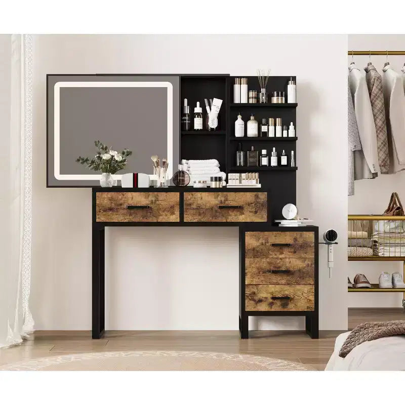 Makeup Vanity Desk with Sliding Mirror and Lights, Large Dressing Table with Charging Station,3 Lighting Modes, 5 Drawers and 3 Tiers of Open Shelves