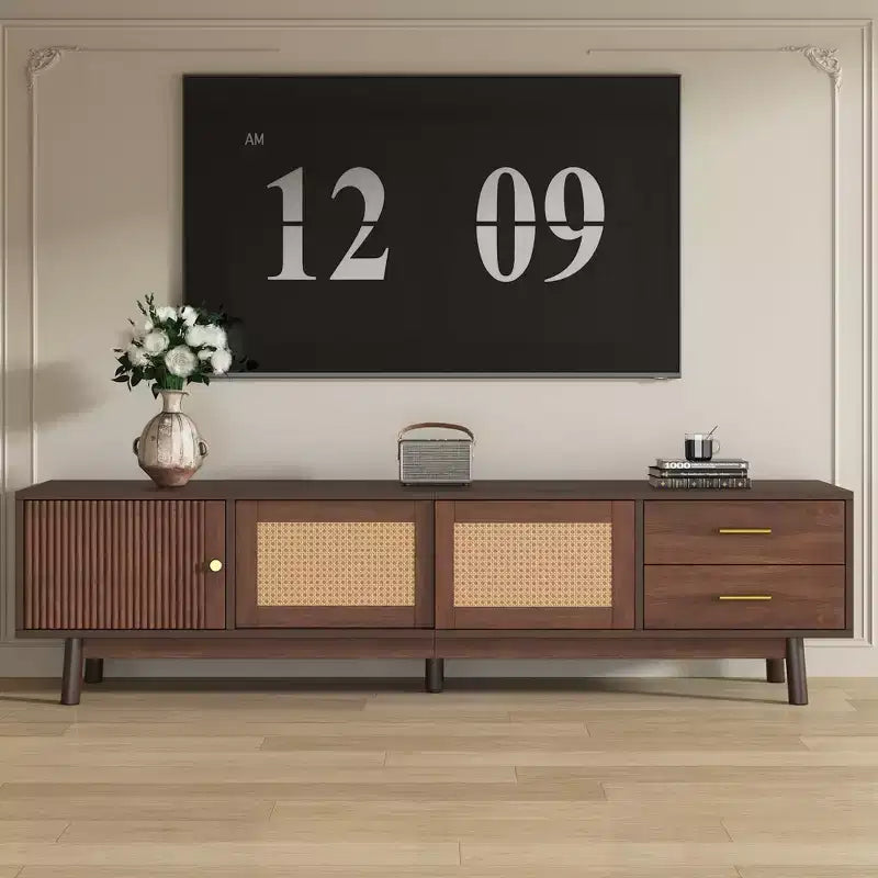 PexFix Mid Century Modern TV Stand for 80 TVs Entertainment Center with Sliding Doors and Drawers TV Table with Storage for Living Room/Bedroom Brown