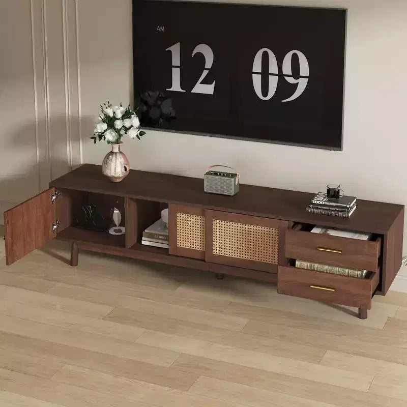 Mobile porta TV moderno di metà secolo per TV da 80", Centro di intrattenimento con ante scorrevoli e cassetti, Marrone