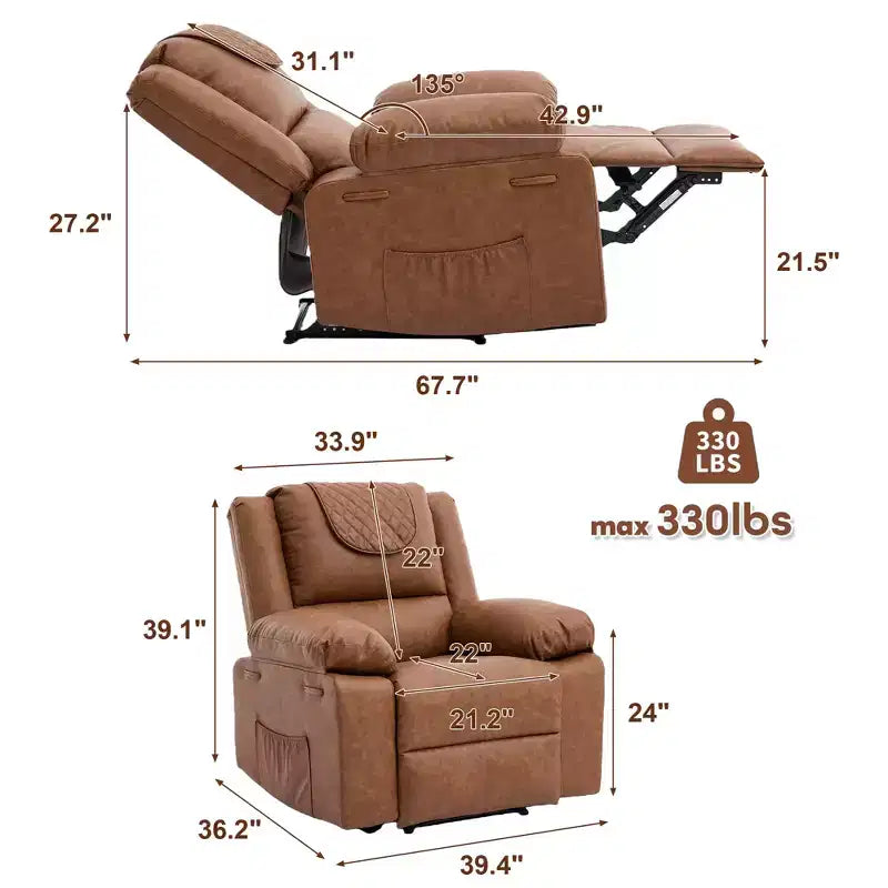 Poltrona Reclinabile Massaggiante Extra Large, Divano Singolo Riscaldato in Pelle PU con Vibrazione e Riscaldamento, Tasca Laterale (Marrone)