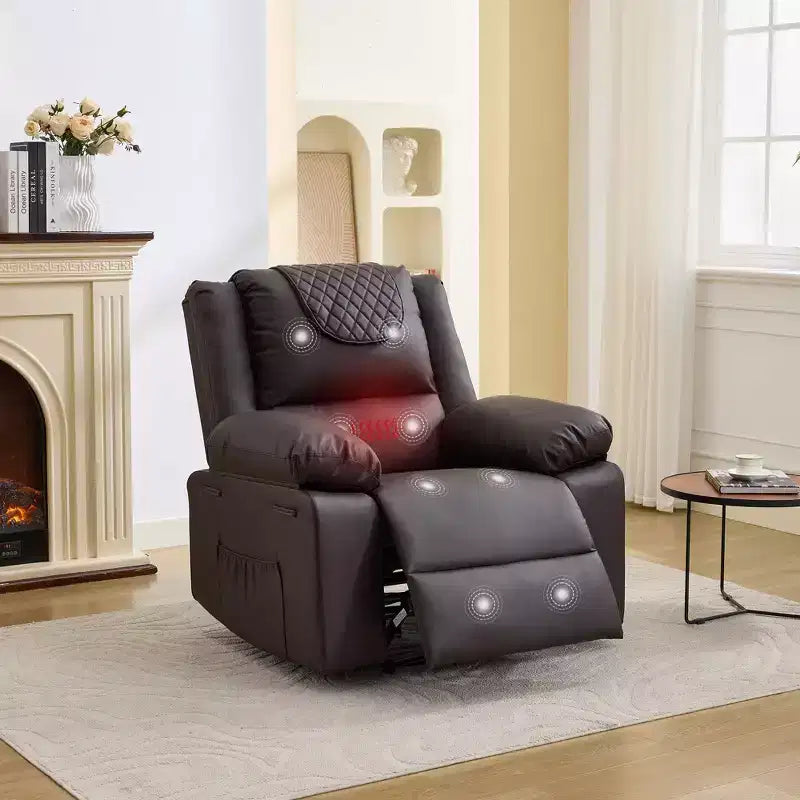 Poltrona Reclinabile Massaggiante Extra Large, Divano Singolo Riscaldato in Pelle PU con Vibrazione e Riscaldamento, Tasca Laterale (Marrone)