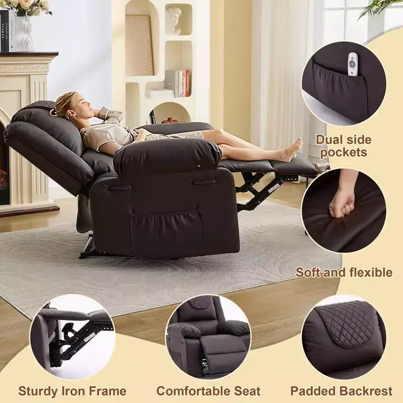 Poltrona Reclinabile Massaggiante Extra Large, Divano Singolo Riscaldato in Pelle PU con Vibrazione e Riscaldamento, Tasca Laterale (Marrone)