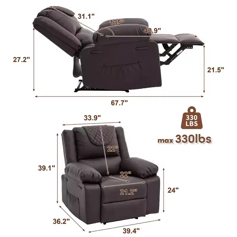 Poltrona Reclinabile Massaggiante Extra Large, Divano Singolo Riscaldato in Pelle PU con Vibrazione e Riscaldamento, Tasca Laterale (Marrone)