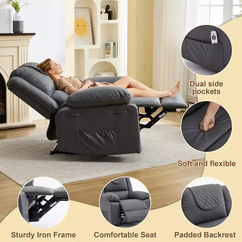 Poltrona Reclinabile Massaggiante Extra Large, Divano Singolo Riscaldato in Pelle PU con Vibrazione e Riscaldamento, Tasca Laterale (Marrone)