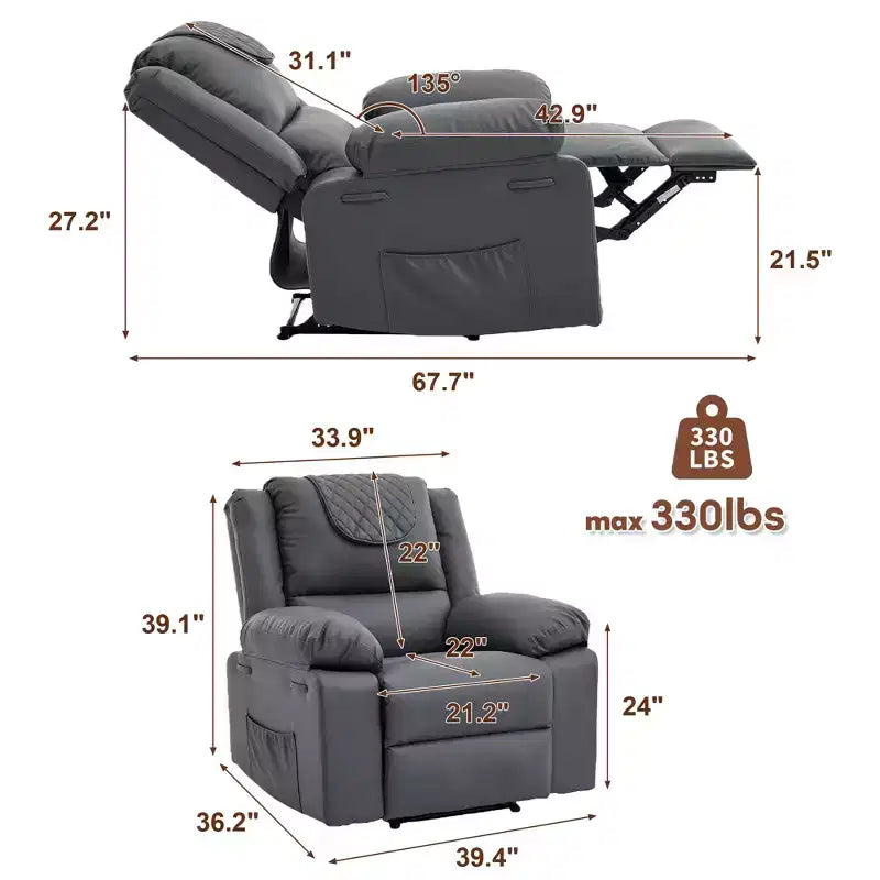 Poltrona Reclinabile Massaggiante Extra Large, Divano Singolo Riscaldato in Pelle PU con Vibrazione e Riscaldamento, Tasca Laterale (Marrone)