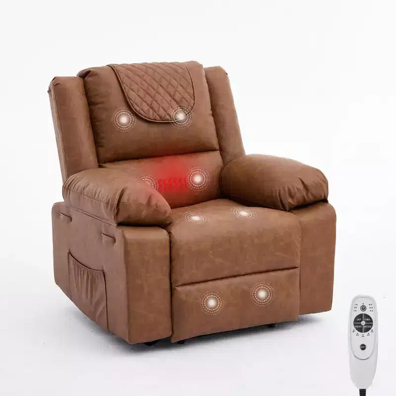 Poltrona Reclinabile Massaggiante Extra Large, Divano Singolo Riscaldato in Pelle PU con Vibrazione e Riscaldamento, Tasca Laterale (Marrone)