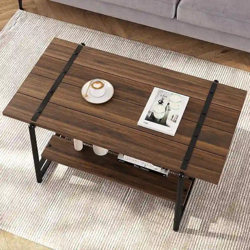 41 Tavolino da caffè industriale grande a 2 livelli in legno con ripiano portaoggetti