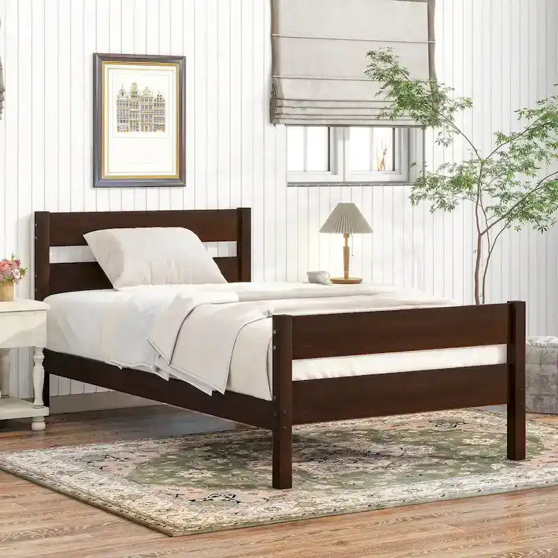 Letto singolo con testiera e pediera, Espresso, Design salvaspazio con contenitore