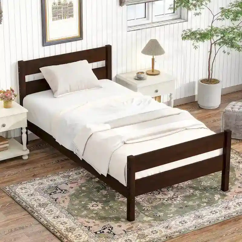 Letto singolo con testiera e pediera, Espresso, Design salvaspazio con contenitore