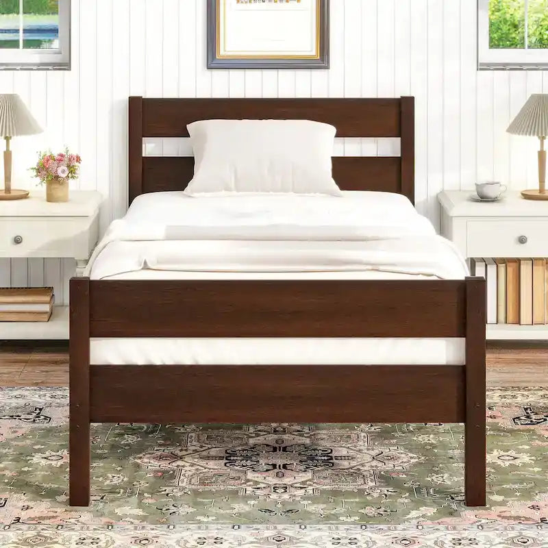 Letto singolo con testiera e pediera, Espresso, Design salvaspazio con contenitore