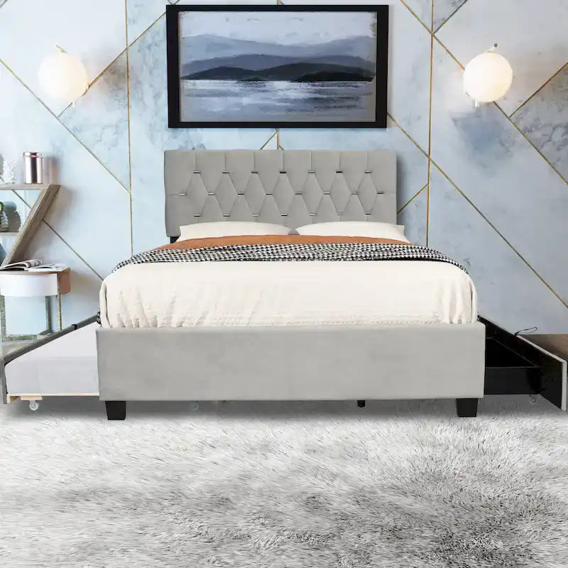 Letto a piattaforma Queen Size con testiera capitonné dorata, letto estraibile e vano portaoggetti (capacità 272 kg)