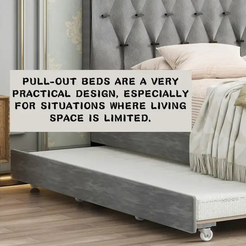 Letto a piattaforma Queen Size con testiera capitonné dorata, letto estraibile e vano portaoggetti (capacità 272 kg)