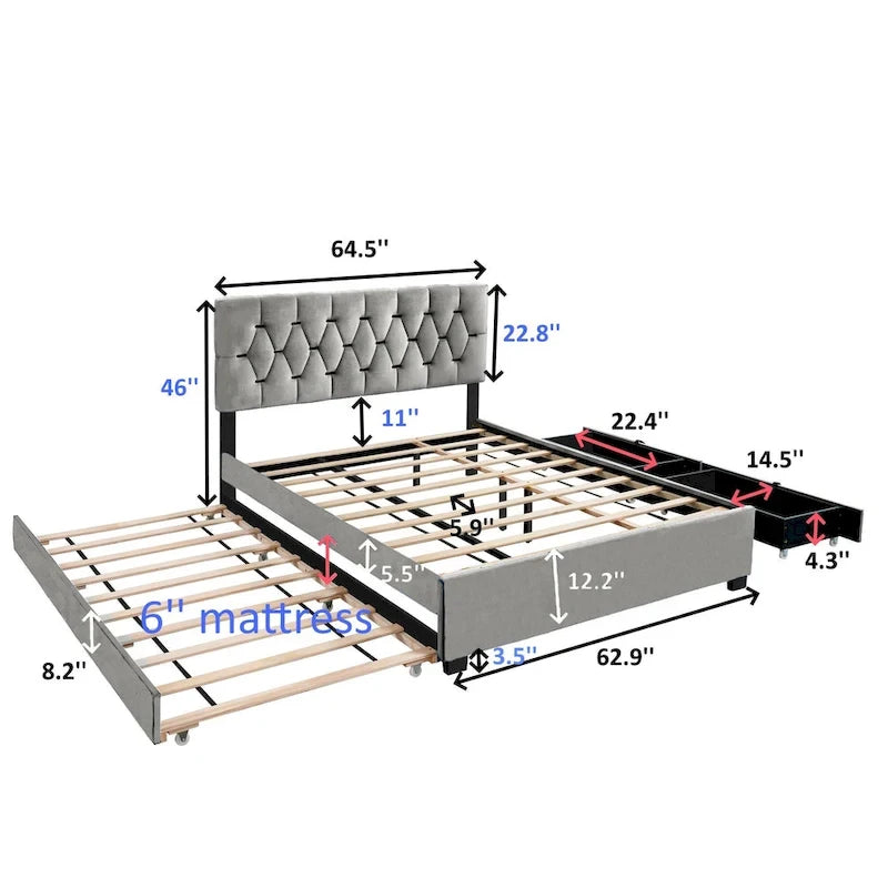 Letto a piattaforma Queen Size con testiera capitonné dorata, letto estraibile e vano portaoggetti (capacità 272 kg)