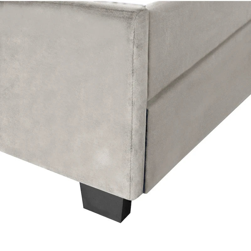 Letto a piattaforma Queen Size con testiera capitonné dorata, letto estraibile e vano portaoggetti (capacità 272 kg)