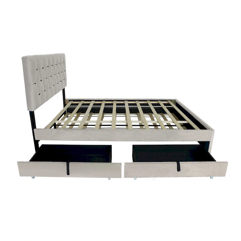 Letto a piattaforma Queen Size con testiera capitonné dorata, letto estraibile e vano portaoggetti (capacità 272 kg)
