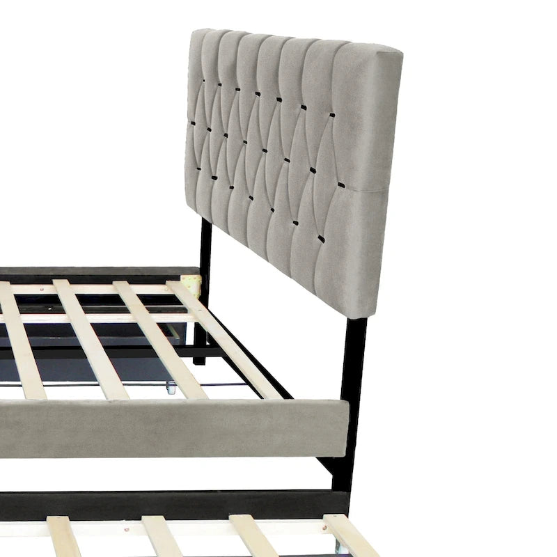 Letto a piattaforma Queen Size con testiera capitonné dorata, letto estraibile e vano portaoggetti (capacità 272 kg)