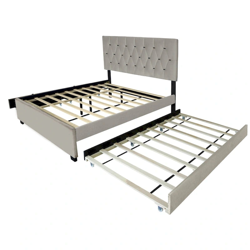 Letto a piattaforma Queen Size con testiera capitonné dorata, letto estraibile e vano portaoggetti (capacità 272 kg)