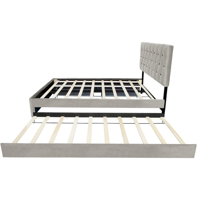 Letto a piattaforma Queen Size con testiera capitonné dorata, letto estraibile e vano portaoggetti (capacità 272 kg)