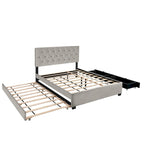 Letto a piattaforma Queen Size con testiera capitonné dorata, letto estraibile e vano portaoggetti (capacità 272 kg)