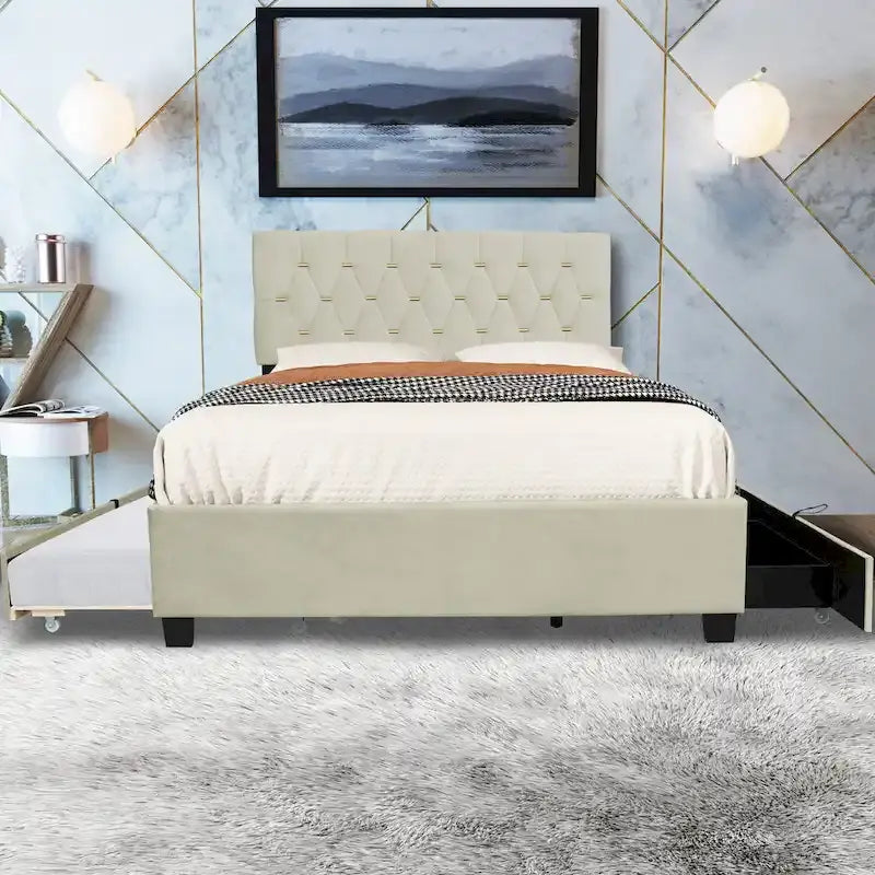 Letto a piattaforma Queen Size con testiera capitonné dorata, letto estraibile e vano portaoggetti (capacità 272 kg)