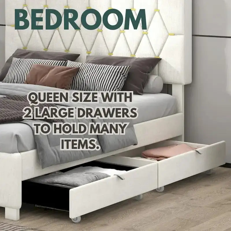 Letto a piattaforma Queen Size con testiera capitonné dorata, letto estraibile e vano portaoggetti (capacità 272 kg)