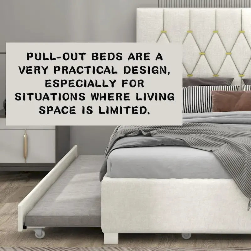 Letto a piattaforma Queen Size con testiera capitonné dorata, letto estraibile e vano portaoggetti (capacità 272 kg)