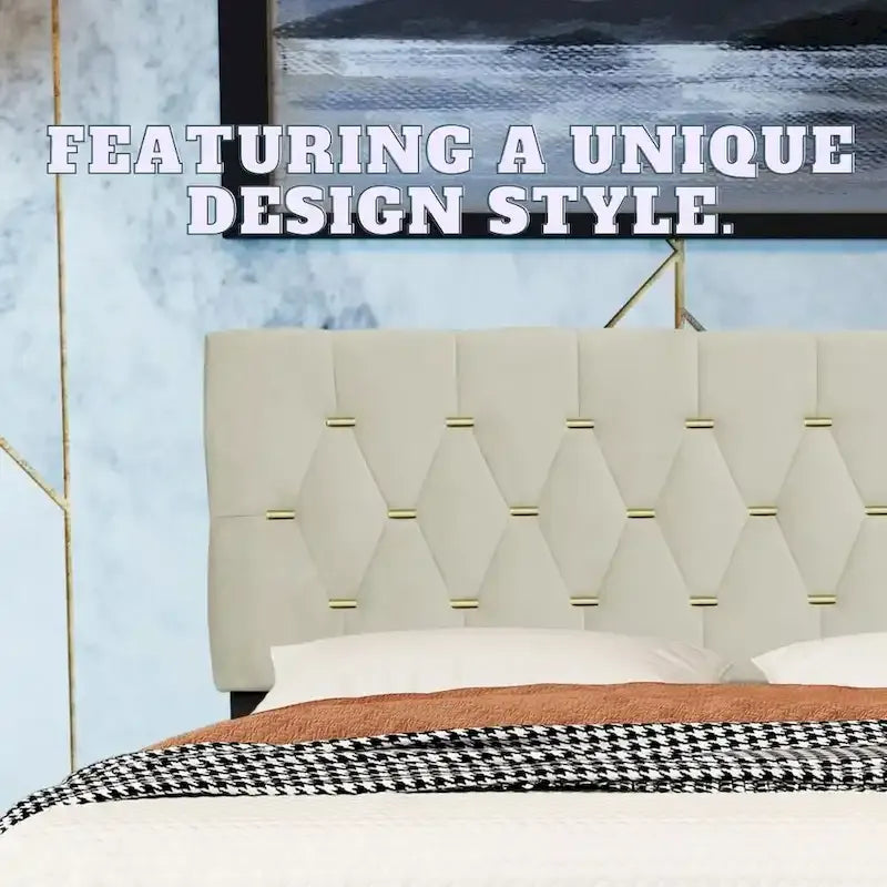Letto a piattaforma Queen Size con testiera capitonné dorata, letto estraibile e vano portaoggetti (capacità 272 kg)