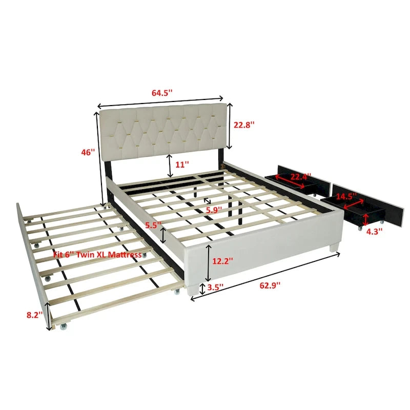 Letto a piattaforma Queen Size con testiera capitonné dorata, letto estraibile e vano portaoggetti (capacità 272 kg)