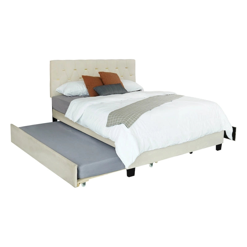 Letto a piattaforma Queen Size con testiera capitonné dorata, letto estraibile e vano portaoggetti (capacità 272 kg)