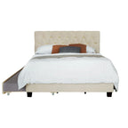Letto a piattaforma Queen Size con testiera capitonné dorata, letto estraibile e vano portaoggetti (capacità 272 kg)
