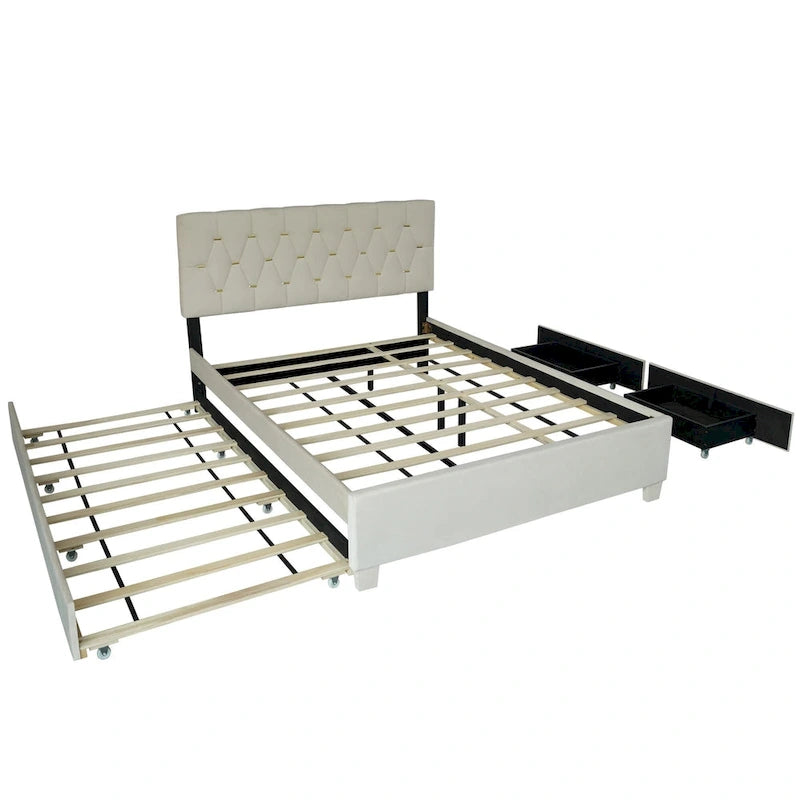 Letto a piattaforma Queen Size con testiera capitonné dorata, letto estraibile e vano portaoggetti (capacità 272 kg)