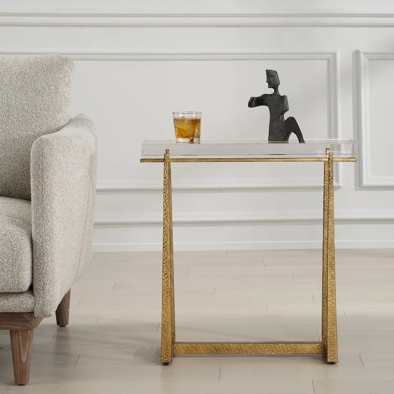 Tavolino Accent con Top Spesso in Cristallo - 24 - Oro Antico