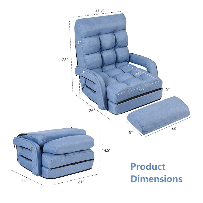 Divano letto pieghevole blu per pavimento con poltrona chaise longue
