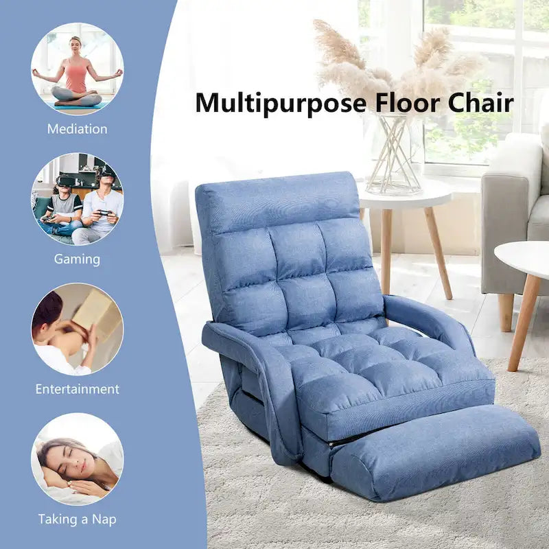 Divano letto pieghevole blu per pavimento con poltrona chaise longue