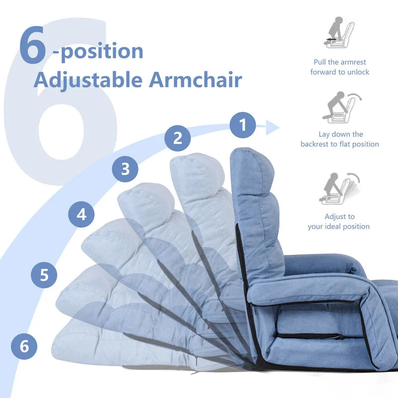 Divano letto pieghevole blu per pavimento con poltrona chaise longue