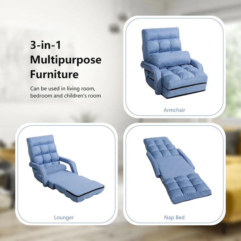 Divano letto pieghevole blu per pavimento con poltrona chaise longue