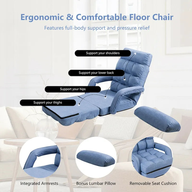 Divano letto pieghevole blu per pavimento con poltrona chaise longue