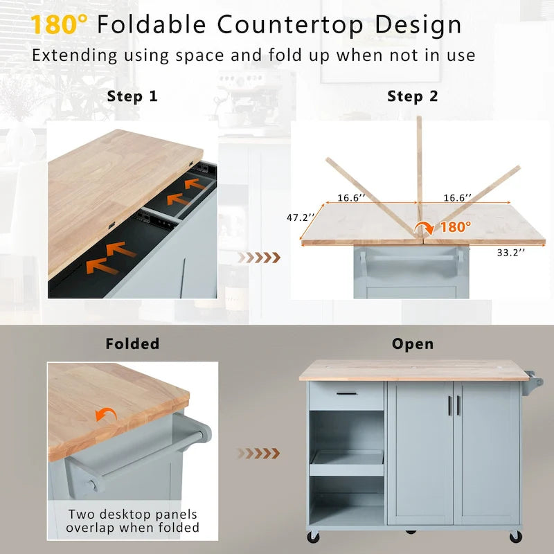 Isola da cucina con piano pieghevole, carrello da cucina con ripiano estraibile, portasciugamani e cassetto, ruote girevoli