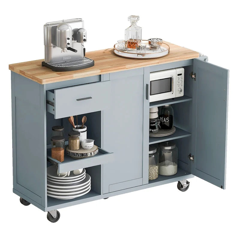 Isola da cucina con piano pieghevole, carrello da cucina con ripiano estraibile, portasciugamani e cassetto, ruote girevoli