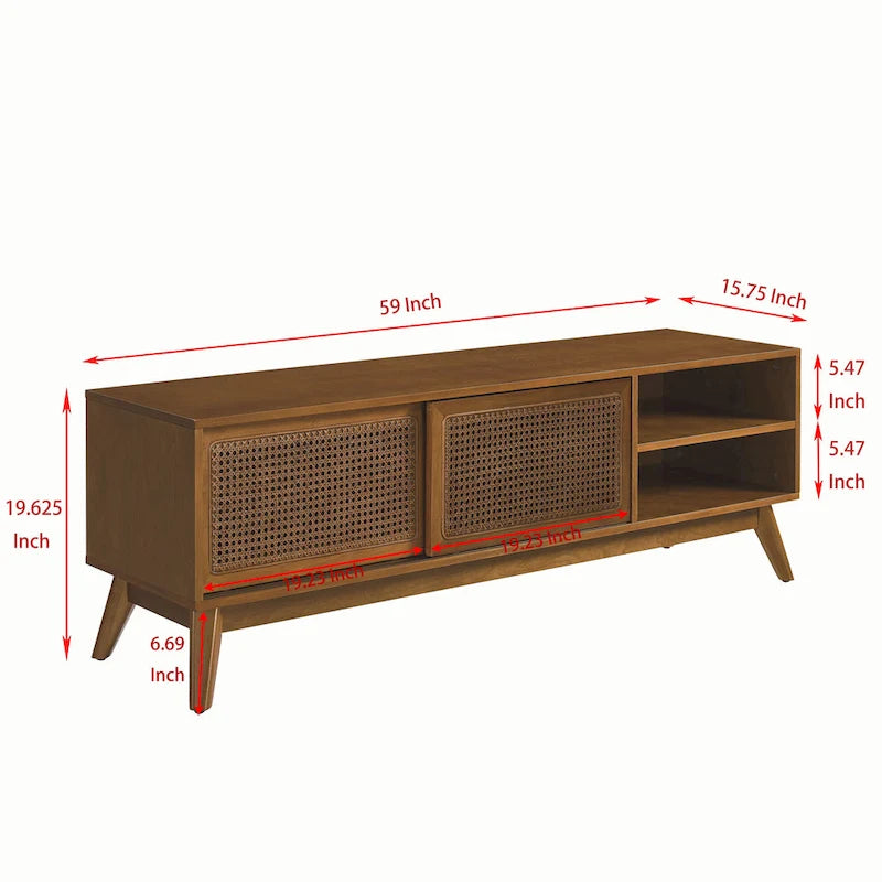 Mobile TV vintage in rattan con 2 armadietti e 4 gambe in legno per soggiorno, camera da letto e ufficio